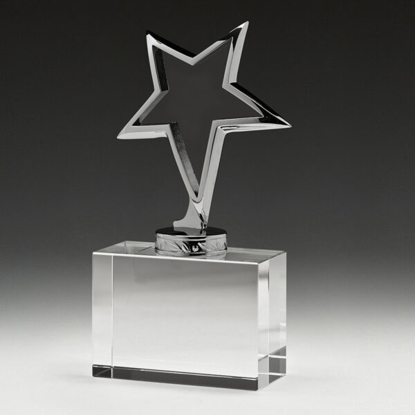 Meta Star Crystal, 40mm Thick Crystal Block with Abstract Chrome Star.
