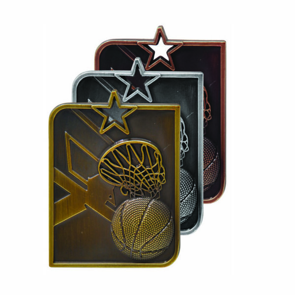 Basketball rectangle medal Gold, Silver or Bronze.
