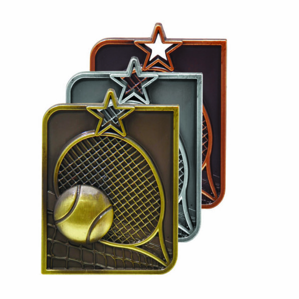 Tennis rectangle medal Gold, Silver or Bronze.