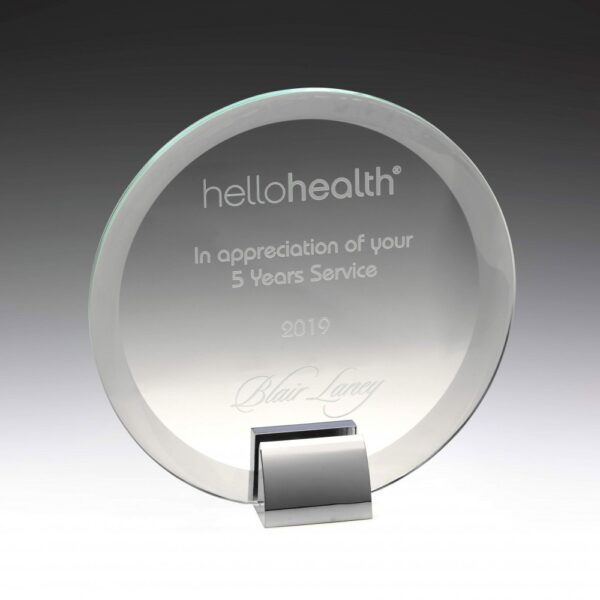 Glass Circle, 10mm thick with metal base.