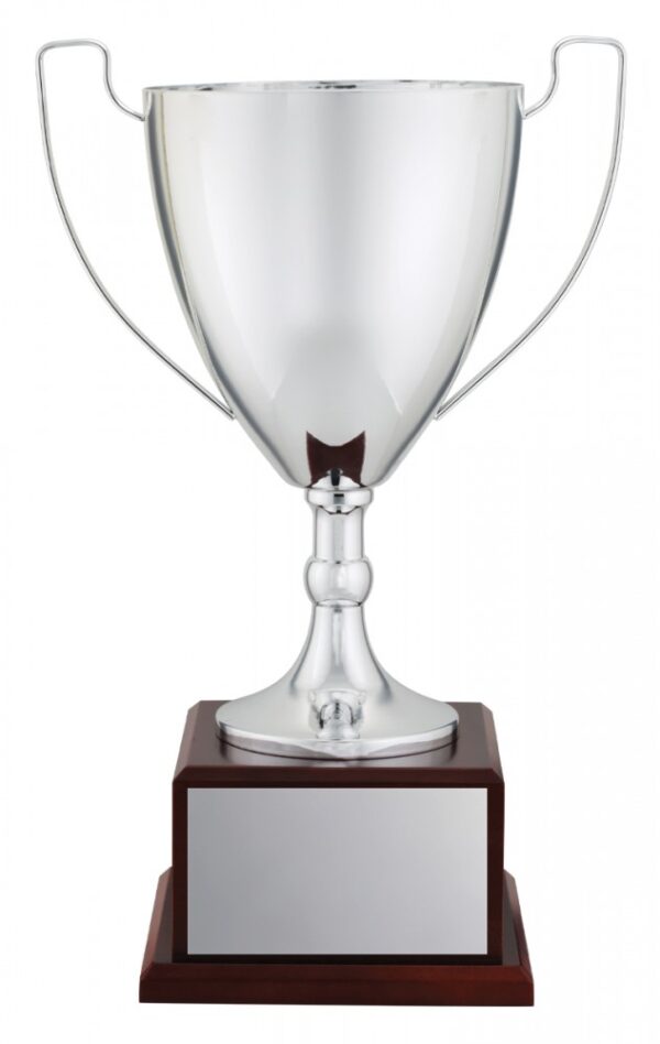 Elite Pro Silver Colour Metal Cup on Walnut colour wood  base.